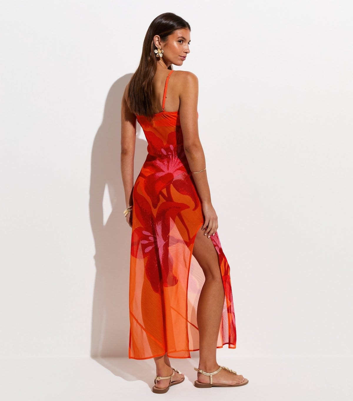 New Look Women's Orange Semi-Sheer Hibiscus Print Maxi Beach Dress New Look - 4