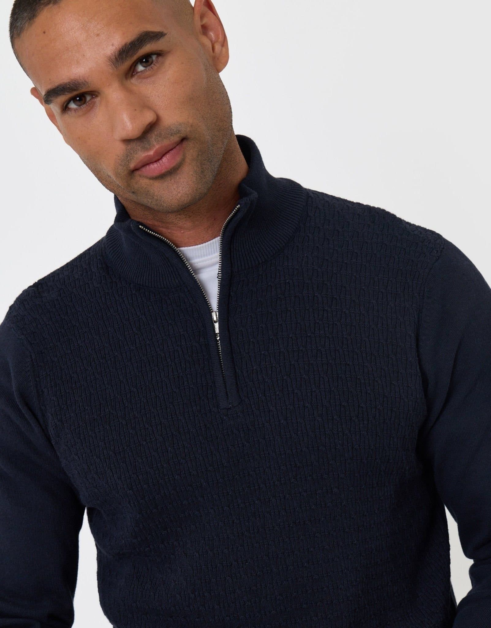 Threadbare threadbare Men's Mini Cable Knit Quarter Zip Jumper in Black