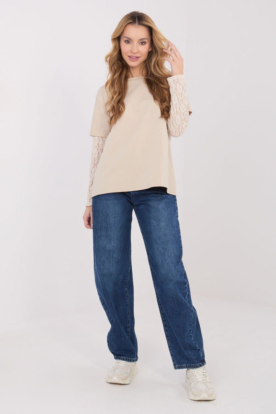 Love Lace Love Lace Beige Cotton Blend Blouse With Lace Sleeves