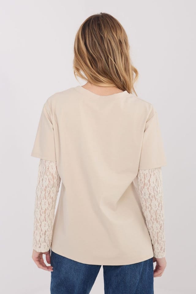 Love Lace Love Lace Women's Everyday Cotton Blend Blouse With Lace Sleeves Style 223336 in Beige - 3