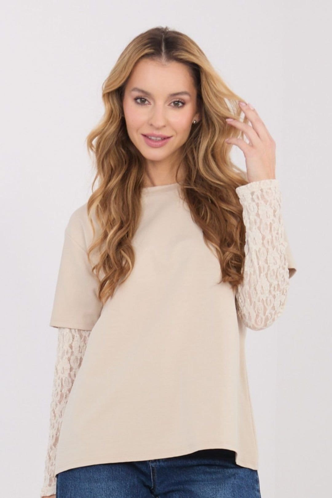 Love Lace Love Lace Women's Everyday Cotton Blend Blouse With Lace Sleeves Style 223336 in Beige - 4