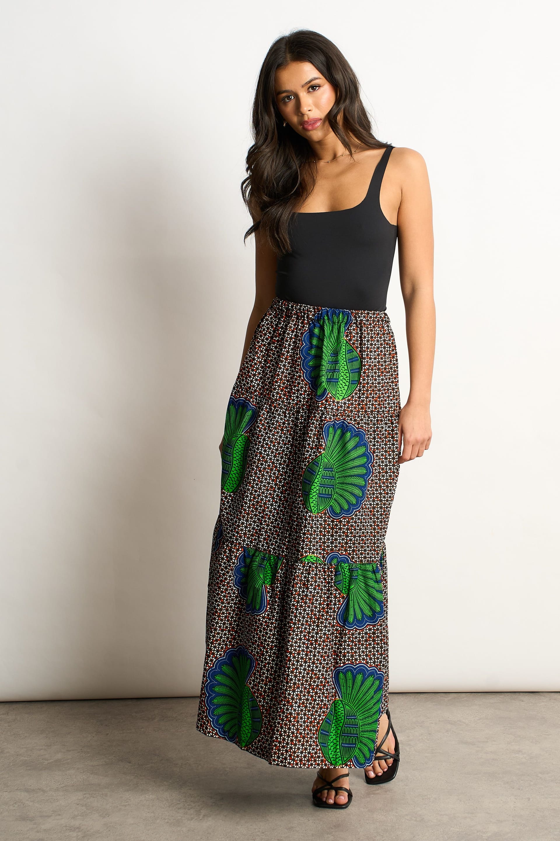 Dals Hart Green Patterned Tiered Maxi Skirt