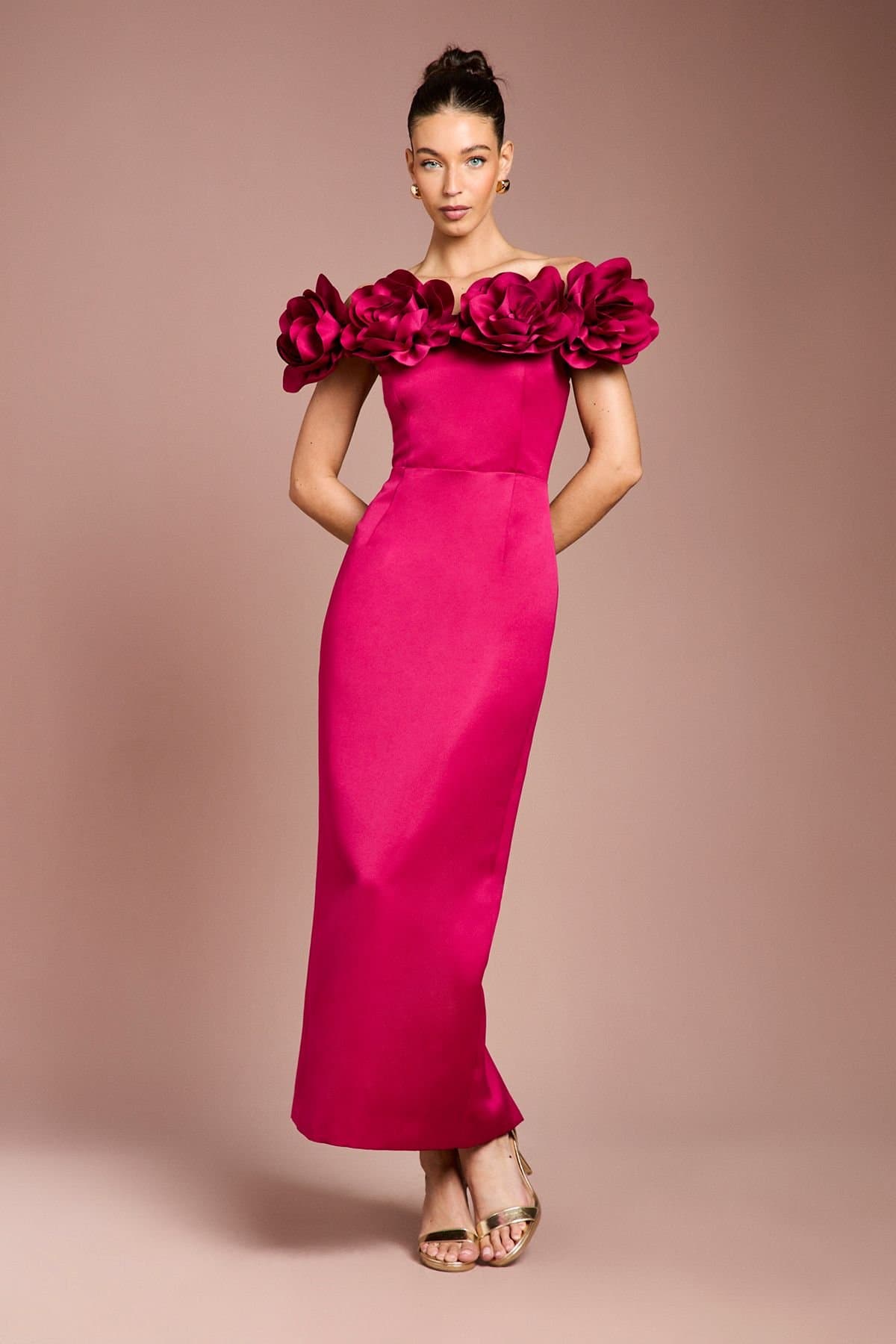 Coast Coast Women's 3D Corsage Structured Satin Maxi Dress in Berry