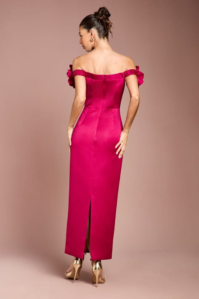 Coast Coast Women's 3D Corsage Structured Satin Maxi Dress in Berry - 3