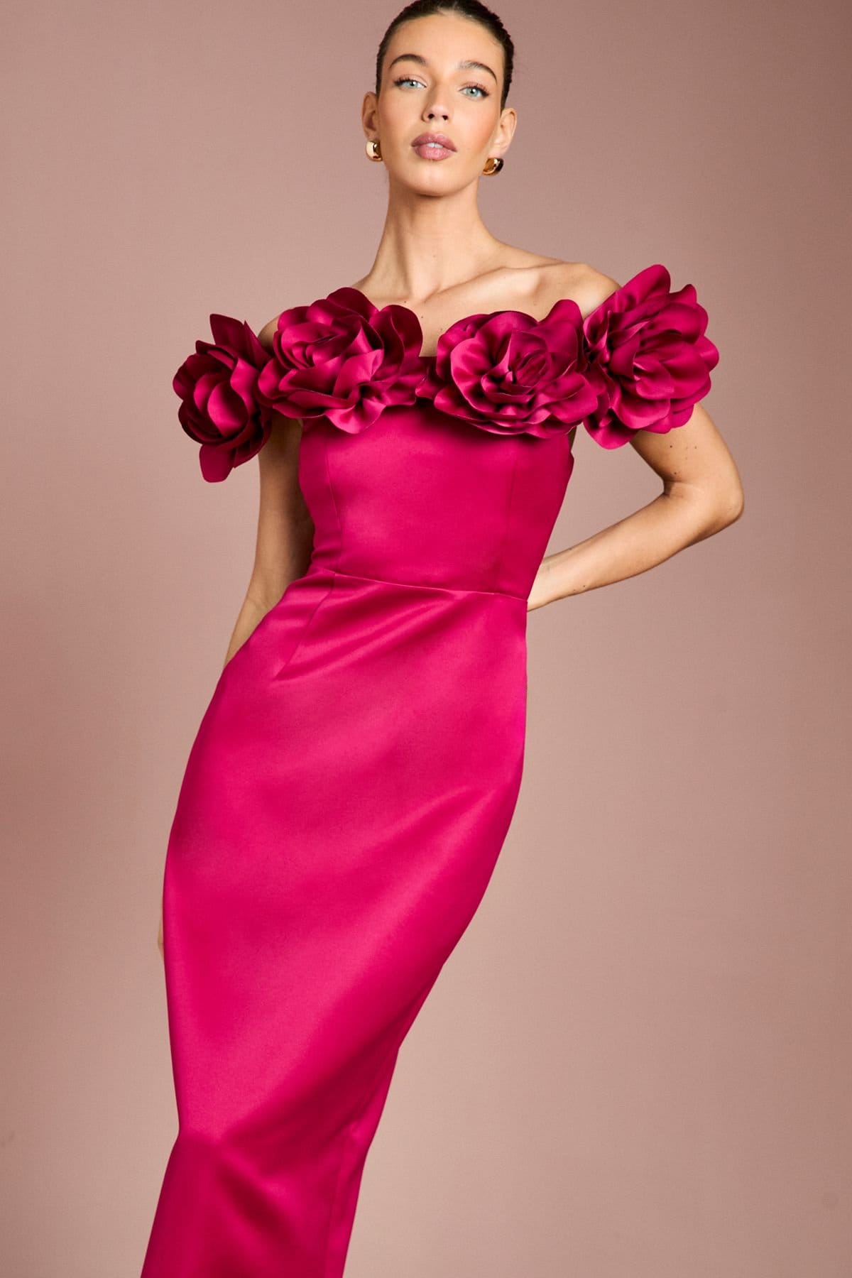 Coast Coast Women's 3D Corsage Structured Satin Maxi Dress in Berry - 4