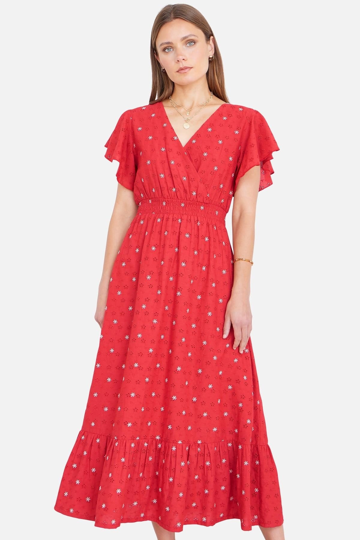 Yumi Scarlet Broderie Anglaise Wrap Midi Dress