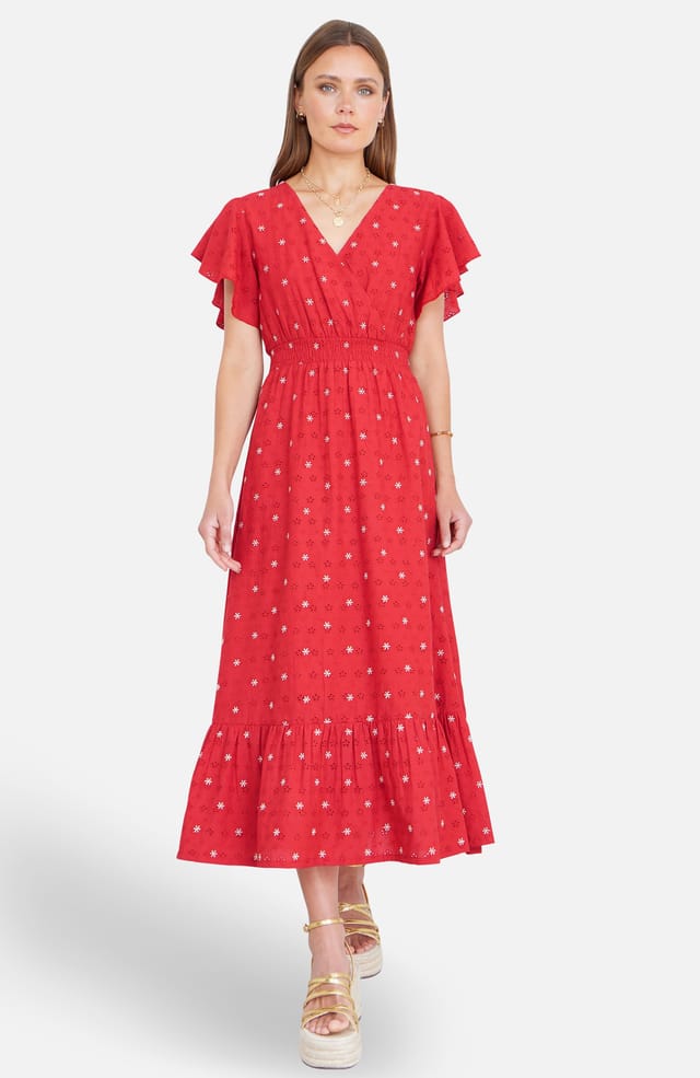 Yumi Yumi Women's Broderie Anglaise Wrap Midi Dress With Flower Embroidery in Scarlet - 2