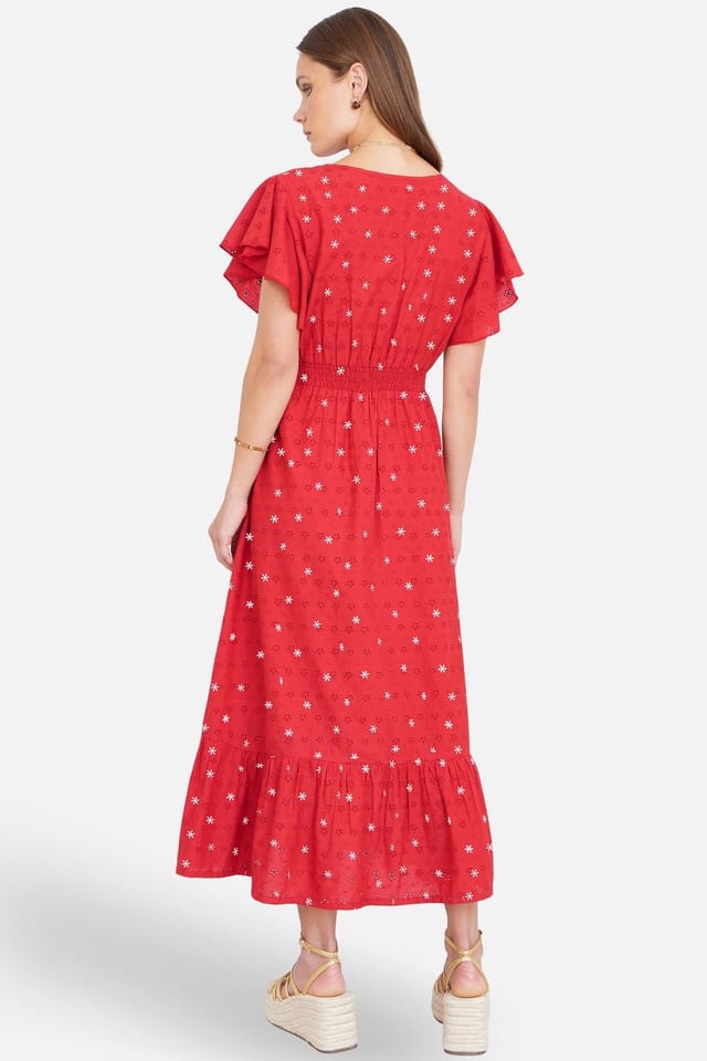 Yumi Yumi Women's Broderie Anglaise Wrap Midi Dress With Flower Embroidery in Scarlet - 3