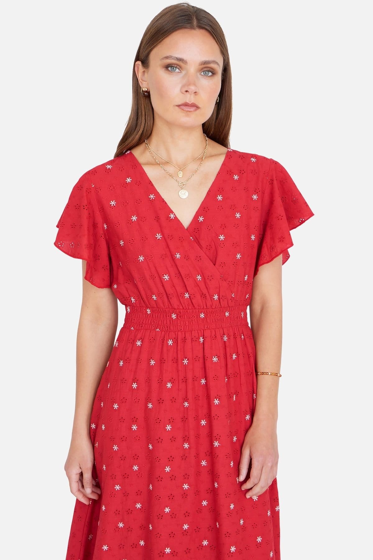 Yumi Yumi Women's Broderie Anglaise Wrap Midi Dress With Flower Embroidery in Scarlet - 4