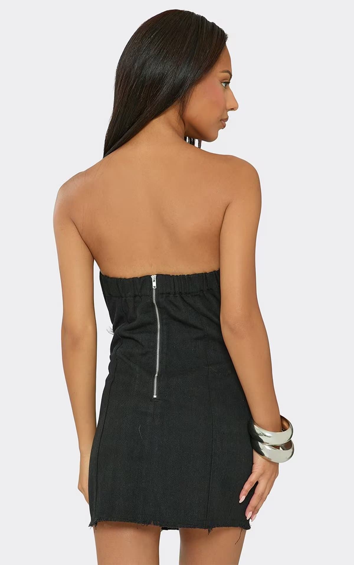 EGO Bandeau Button Detail Fitted Mini Dress In Black Denim, Women's Size UK 6