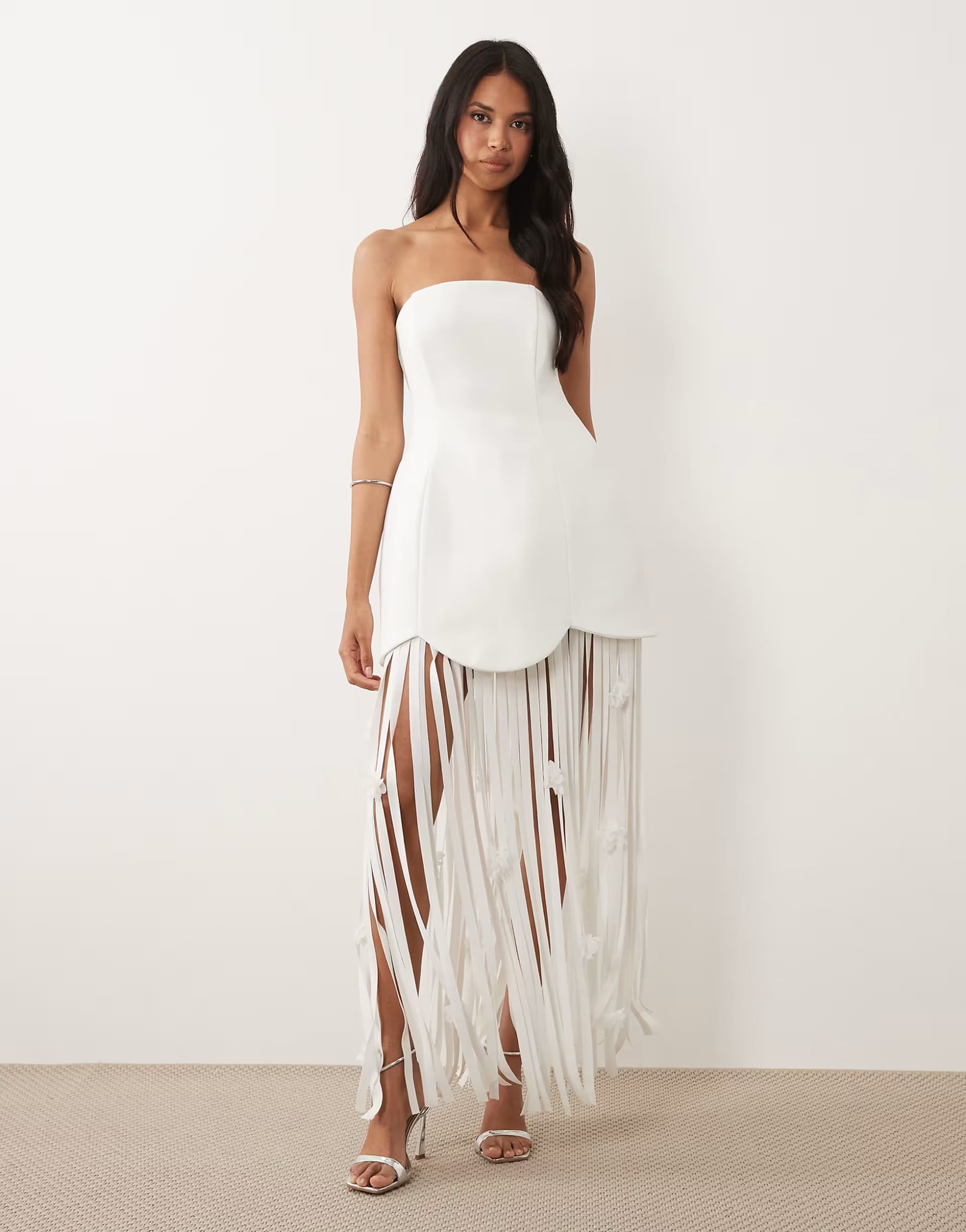 ASOS ASOS LUXE bandeau dress with fringe skirt detail in white