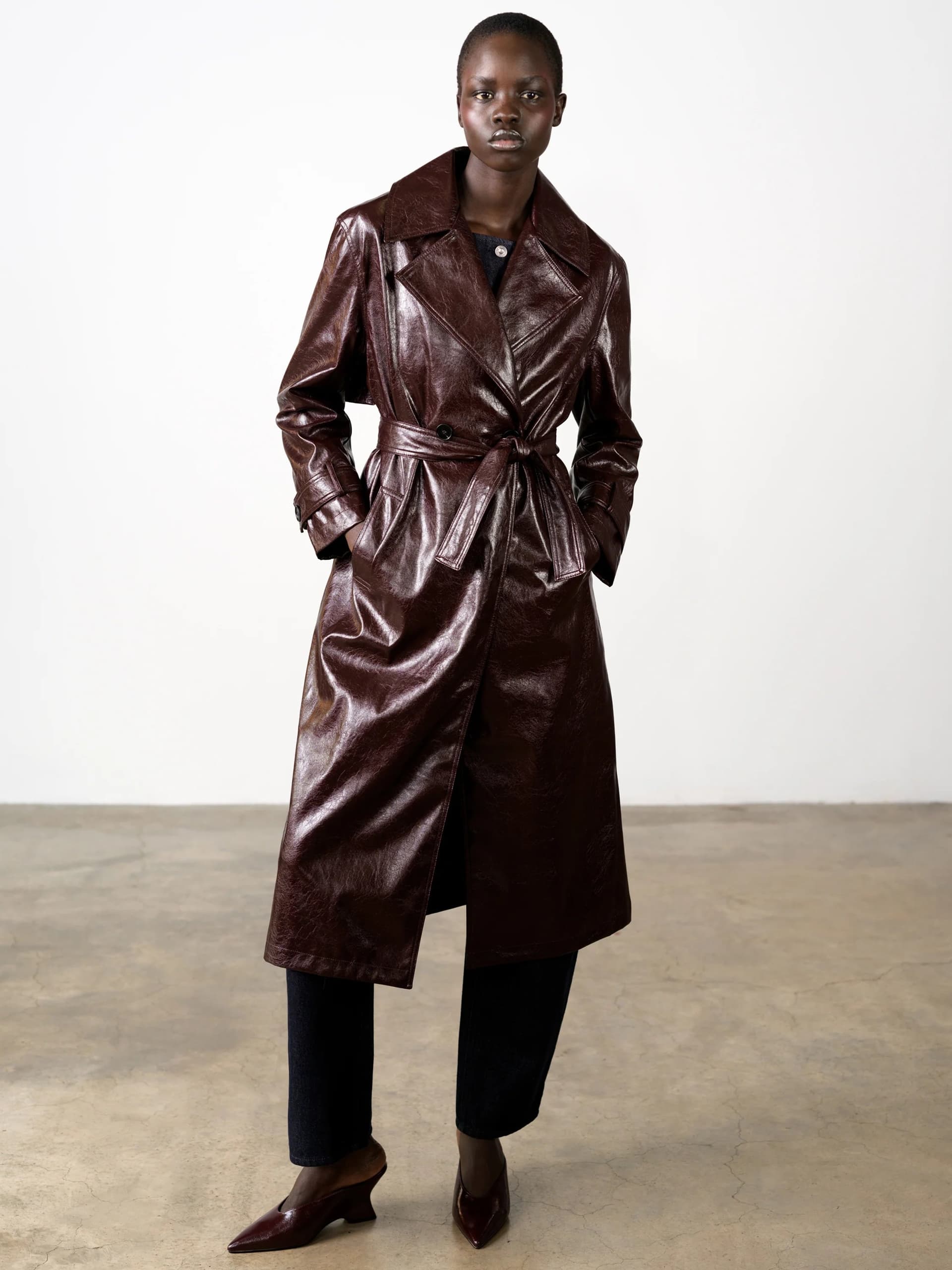 French Connection Athene Burgundy Crinkle PU Trench Coat Dark Cherry Liqueur