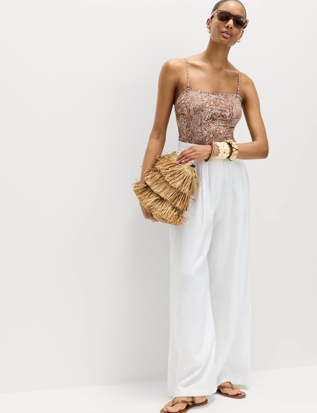 Marks & Spencer M&S Tummy Control Printed Wired Bandeau Swimsuit Soft Brown Mix - 2