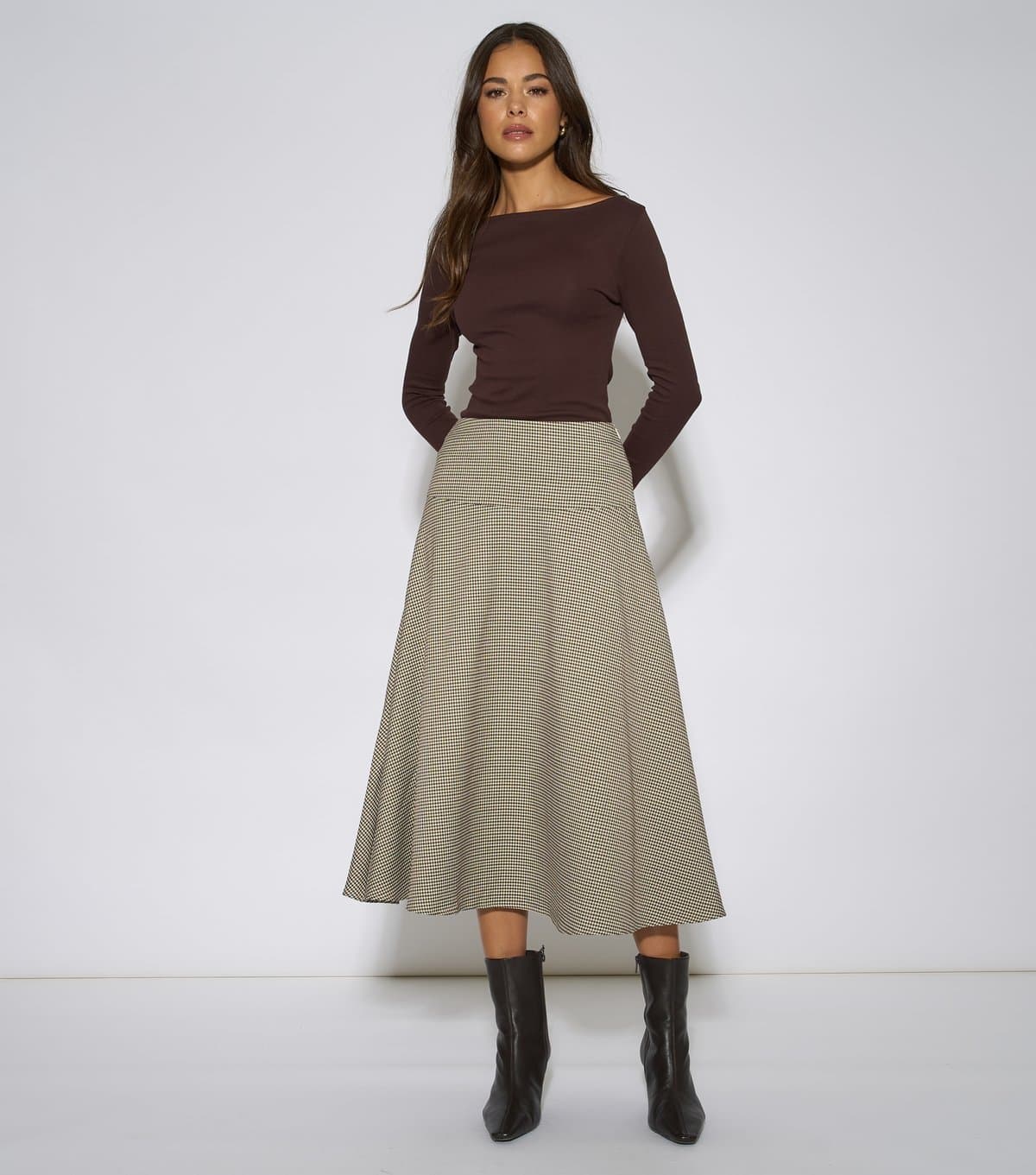 Gini London Women's Light Brown Dog Tooth A-Line Midi Skirt Gini London New Look