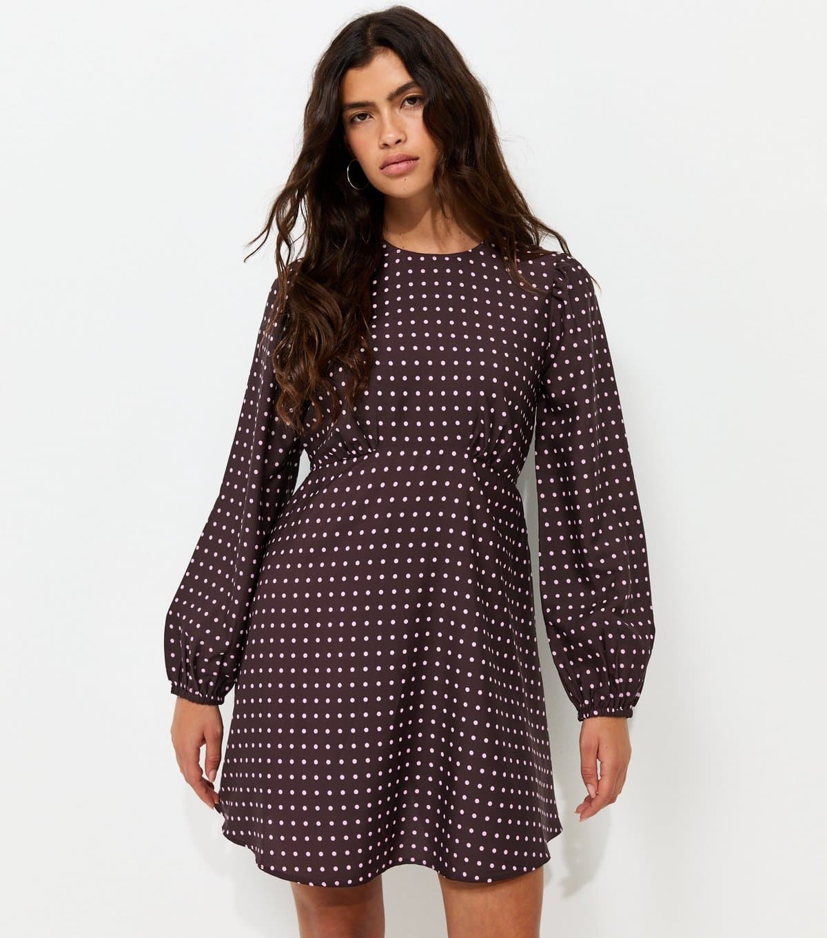 New Look Women's Brown Polka Dot Long Sleeve Mini Dress New Look