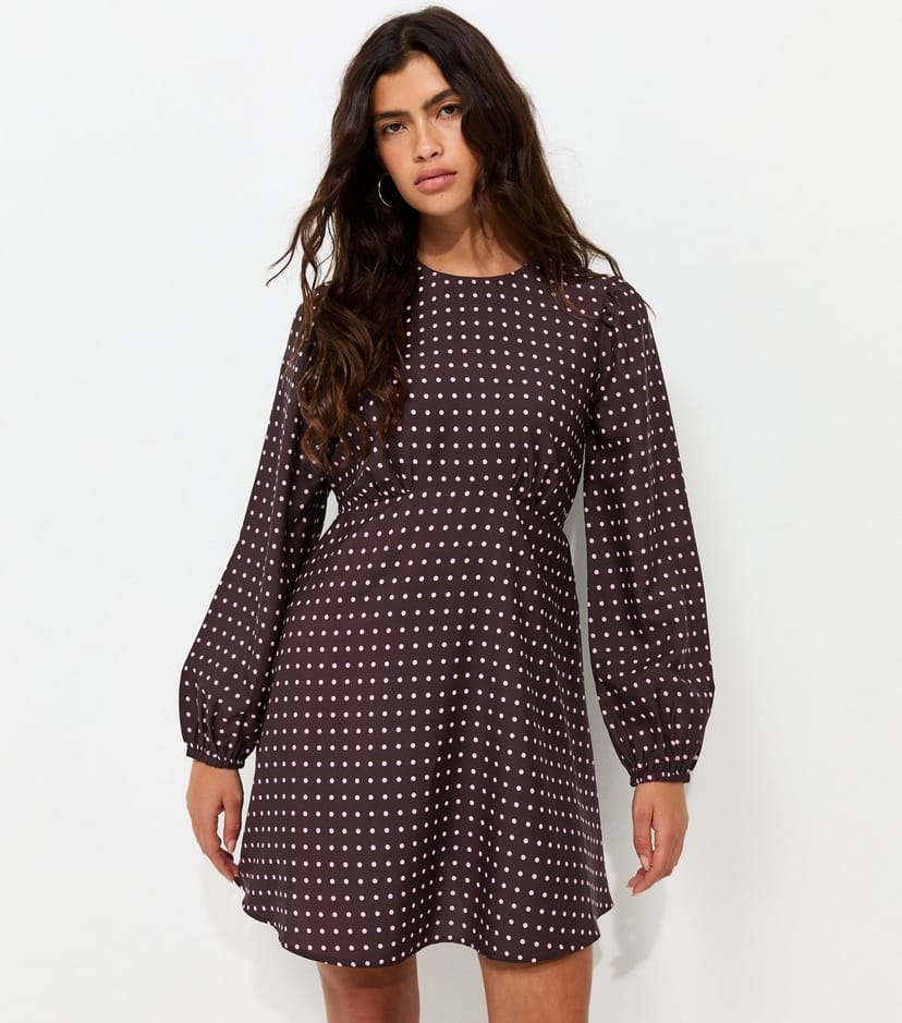 New Look Women's Brown Polka Dot Long Sleeve Mini Dress New Look - 1
