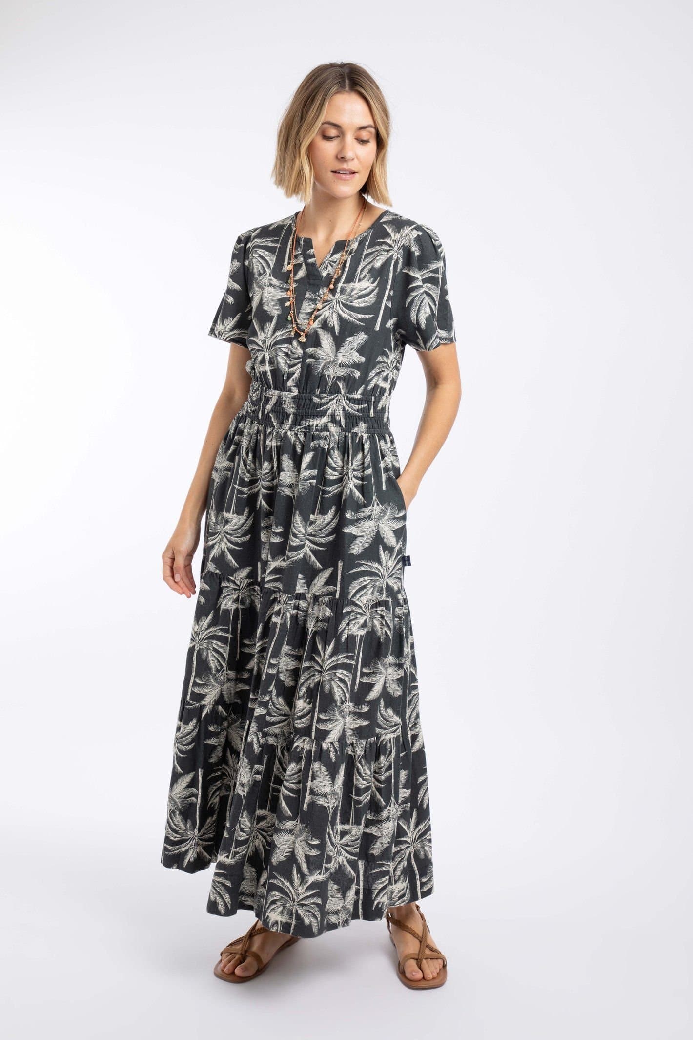Weird Fish Weird Fish Women's Rhianne Printed Tiered Linen Rich Maxi Dress in Black