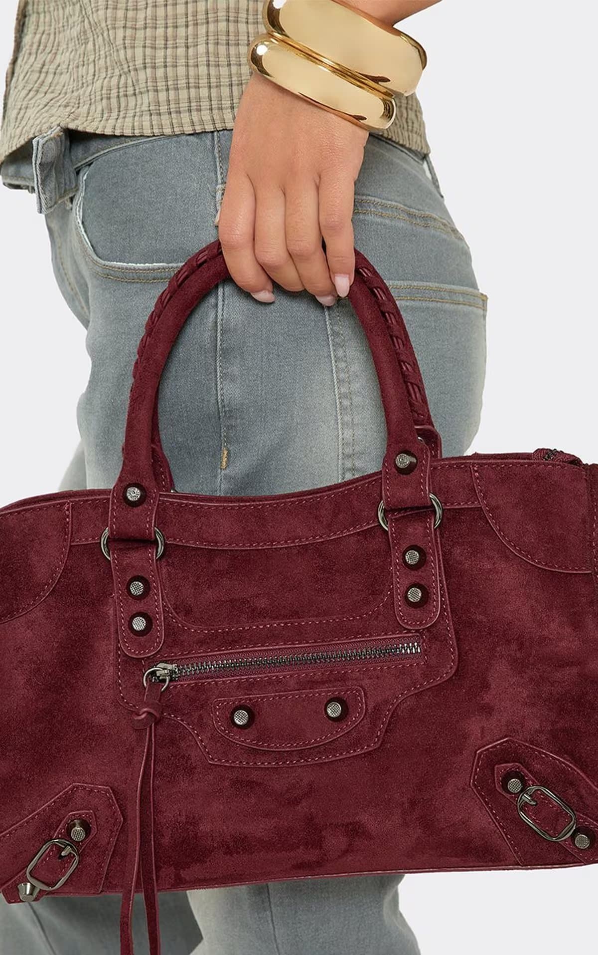 EGO Perth Stud Zip Detail Grab Bag In Burgundy Faux Suede, Women's Size UK 0