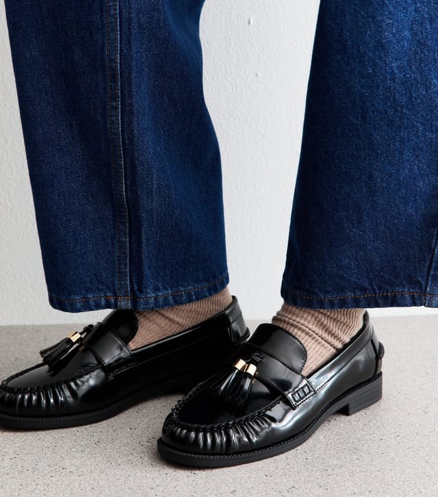 New Look Women's Wide Fit Black Faux Leather Gold Tassel Loafers Vegan New Look - 3