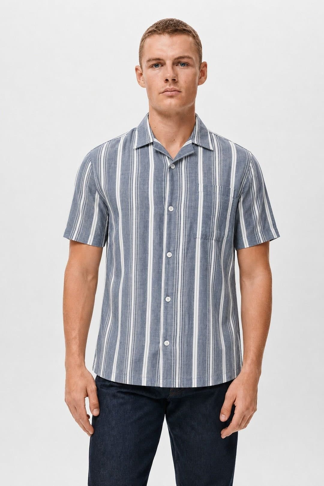 Little Nooks Little Nooks Men's Bari Stripe Short Sleeve Shirt in Mid Blue