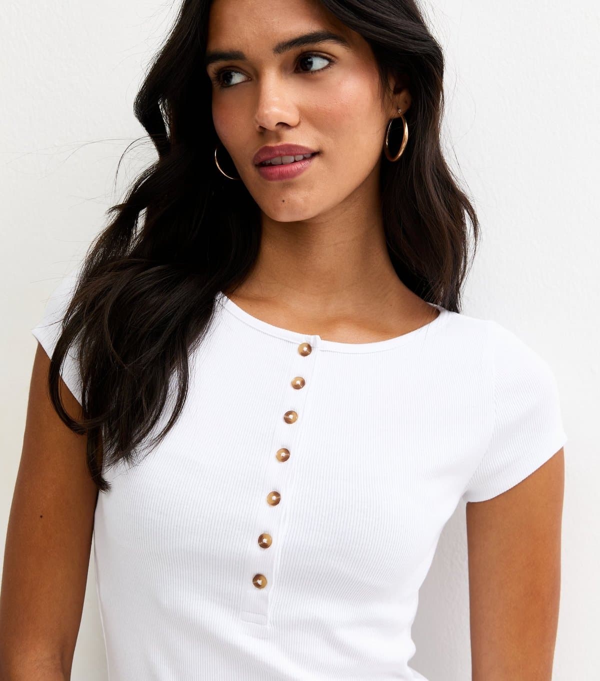 New Look Women's White Ribbed Jersey Button Placket Top New Look