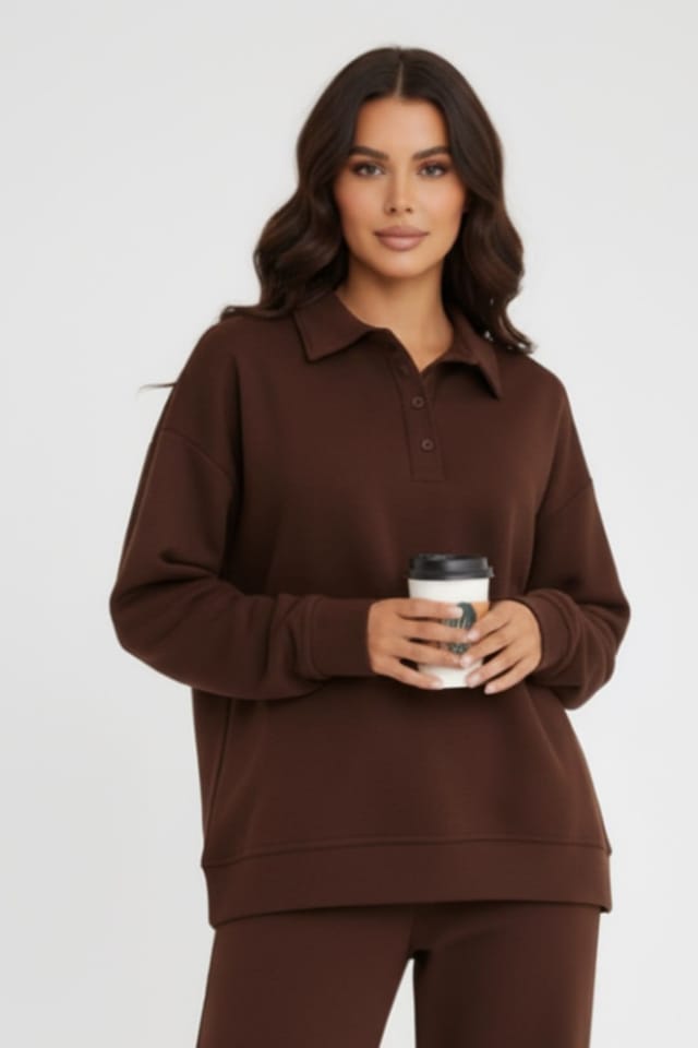 STYLEWISE STYLEWISE Women's Rugby Top & Straight Leg Trouser Co-ord Set - Interlock - Two Piece in Chocolate - 2