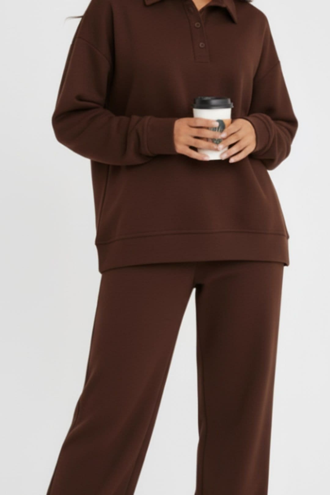 STYLEWISE STYLEWISE Women's Rugby Top & Straight Leg Trouser Co-ord Set - Interlock - Two Piece in Chocolate - 4