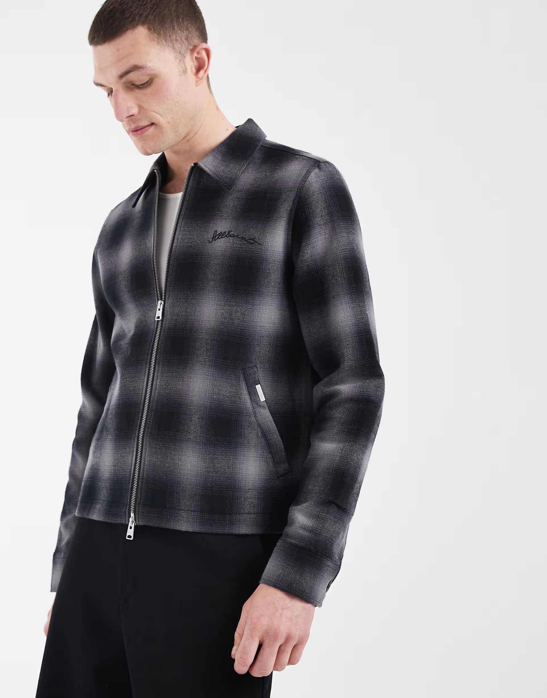 ASOS AllSaints Kapi long sleeve zip through shirt in blue check