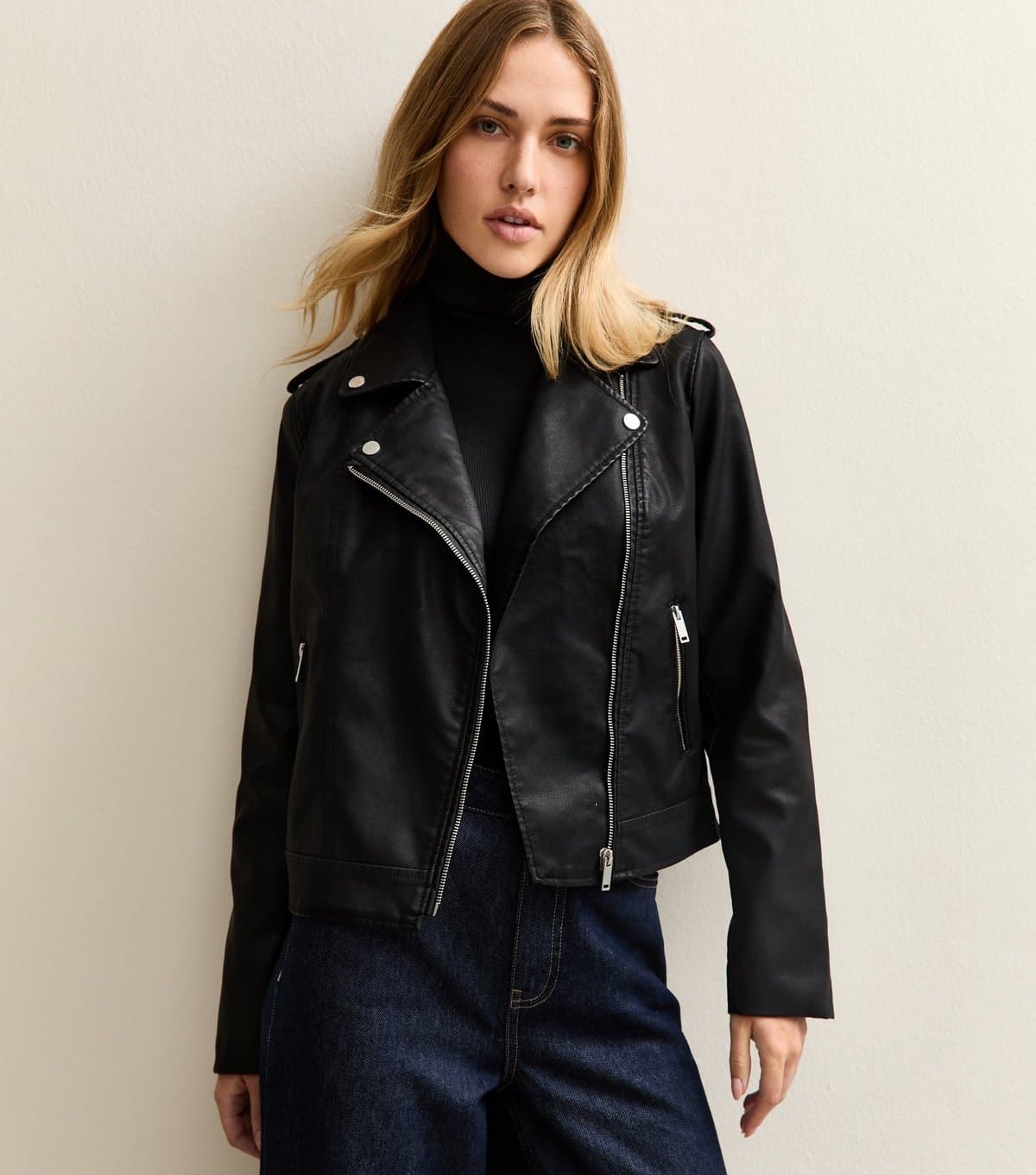New Look Women's Black Leather-Look Biker Jacket New Look