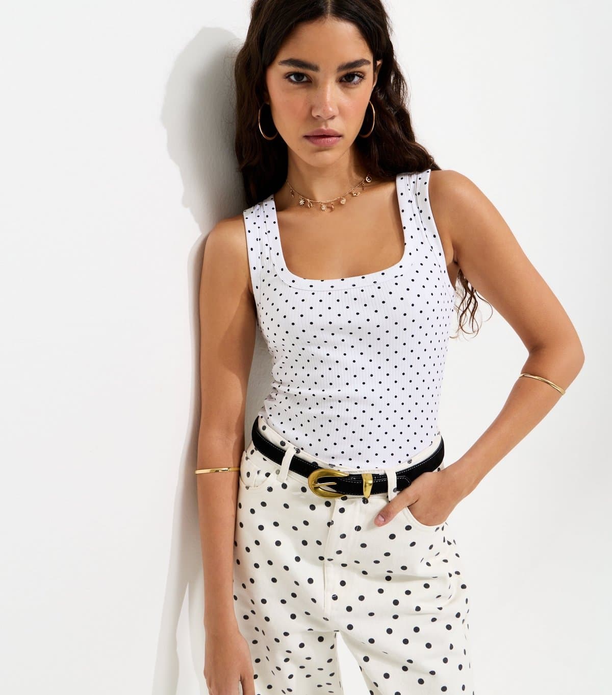 New Look Women's White Polka Dot Square Neck Vest Top New Look