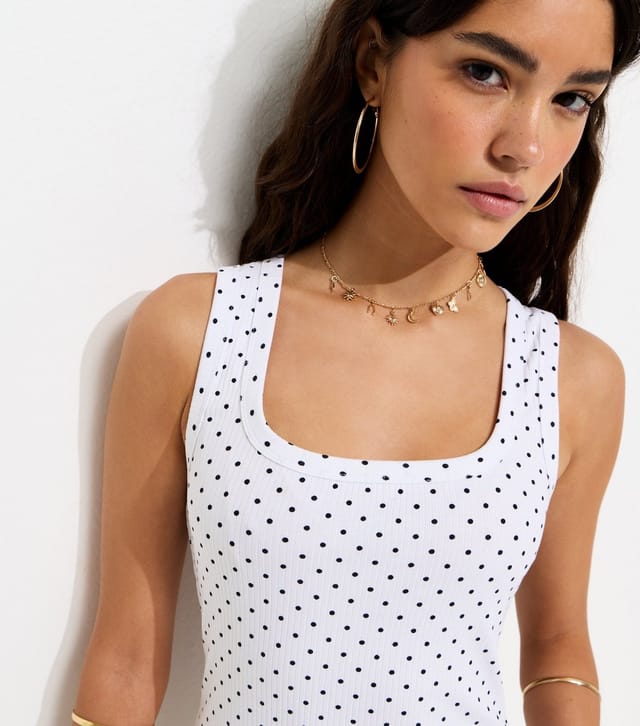 New Look Women's White Polka Dot Square Neck Vest Top New Look - 2