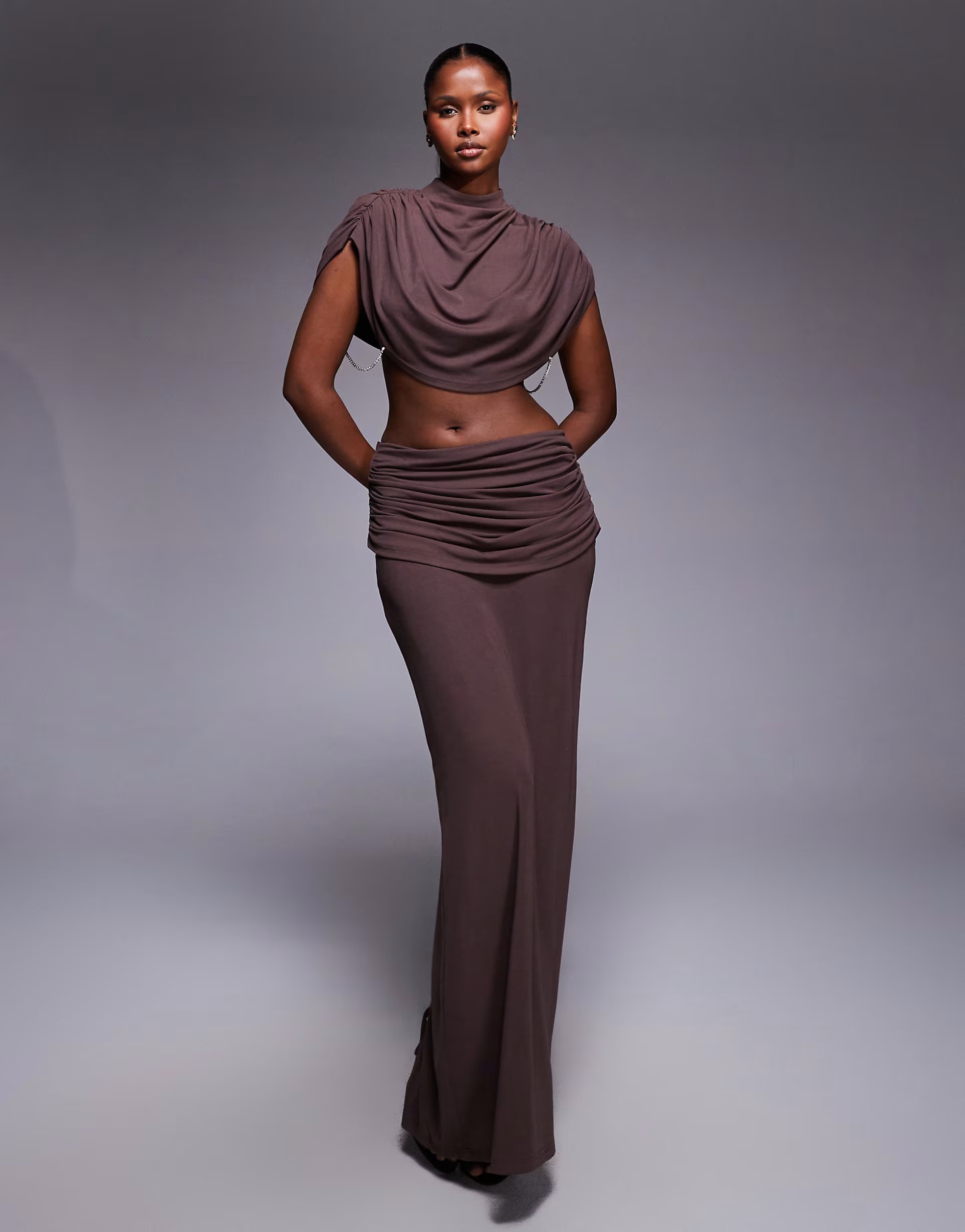 ASOS Heiress Beverly Hills premium cotton blend ruched drape waist detail maxi skirt co-ord in chocolate - 1