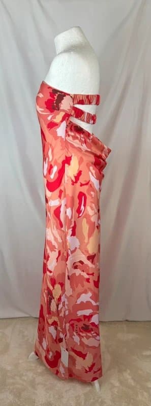 Pretty Lavish UK 12 Pretty Lavish Strapless Bandeau Maxi Dress Bias Cut Slinky Coral Abstract Wedding Guest