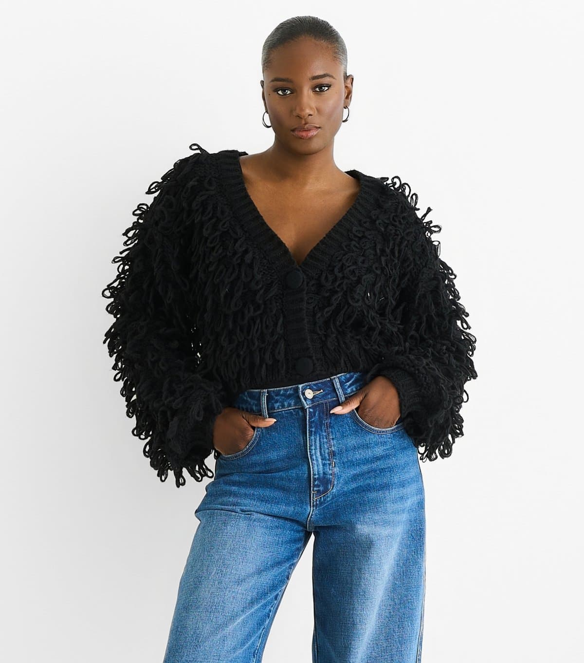 Gini London Gini London Black Textured Loop Cropped Cardigan