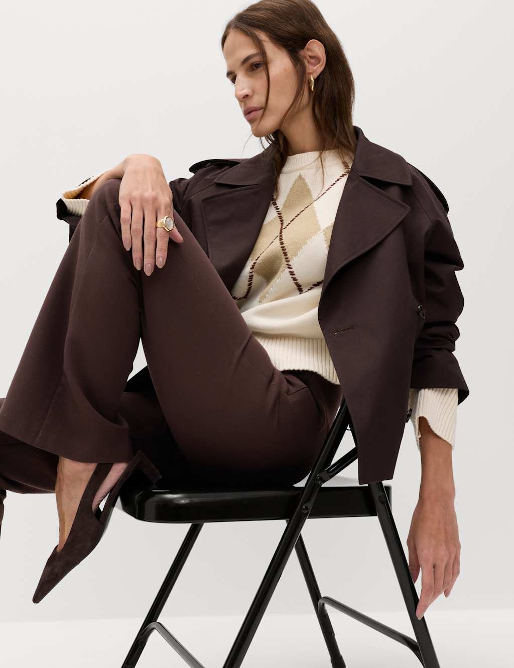 Marks & Spencer M&S Slim Side Zip Flared Trousers Bitter Chocolate - 4