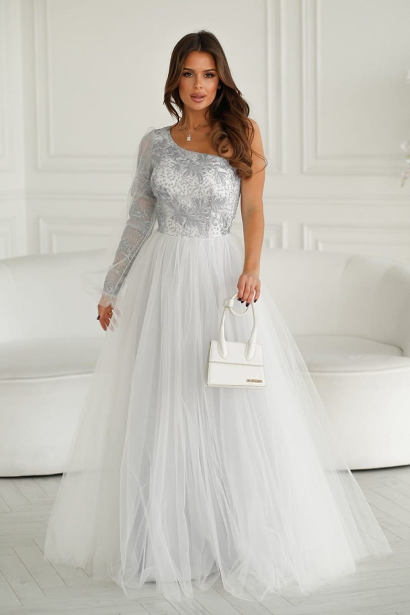 Love Lace Love Lace Women's One Shoulder Long Prom Dress Shimmer Lace in White - 1