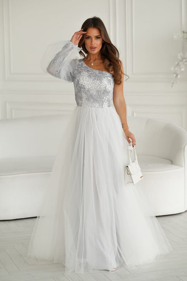 Love Lace Love Lace Women's One Shoulder Long Prom Dress Shimmer Lace in White - 2
