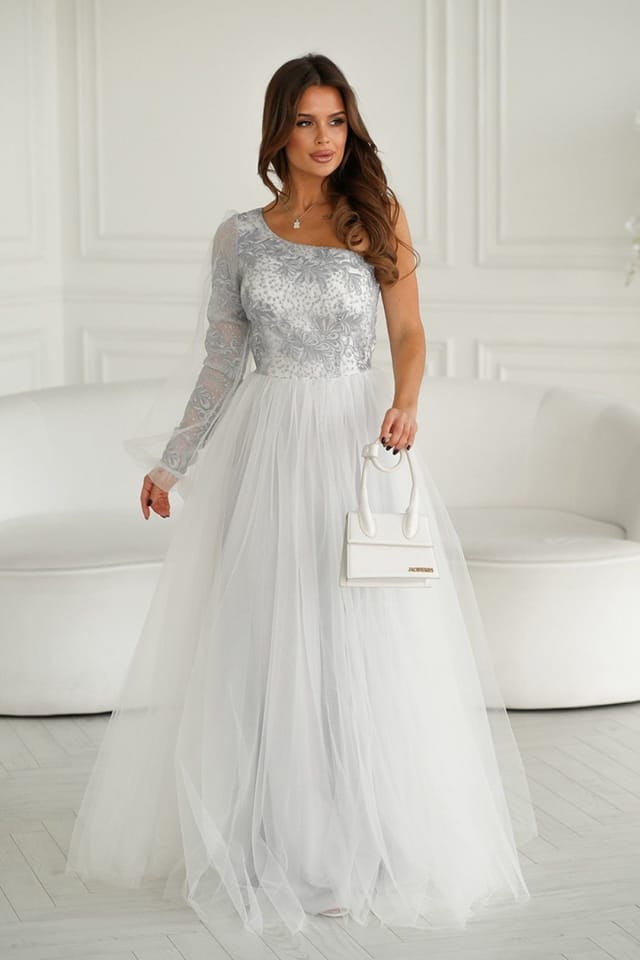 Love Lace Love Lace Women's One Shoulder Long Prom Dress Shimmer Lace in White - 3