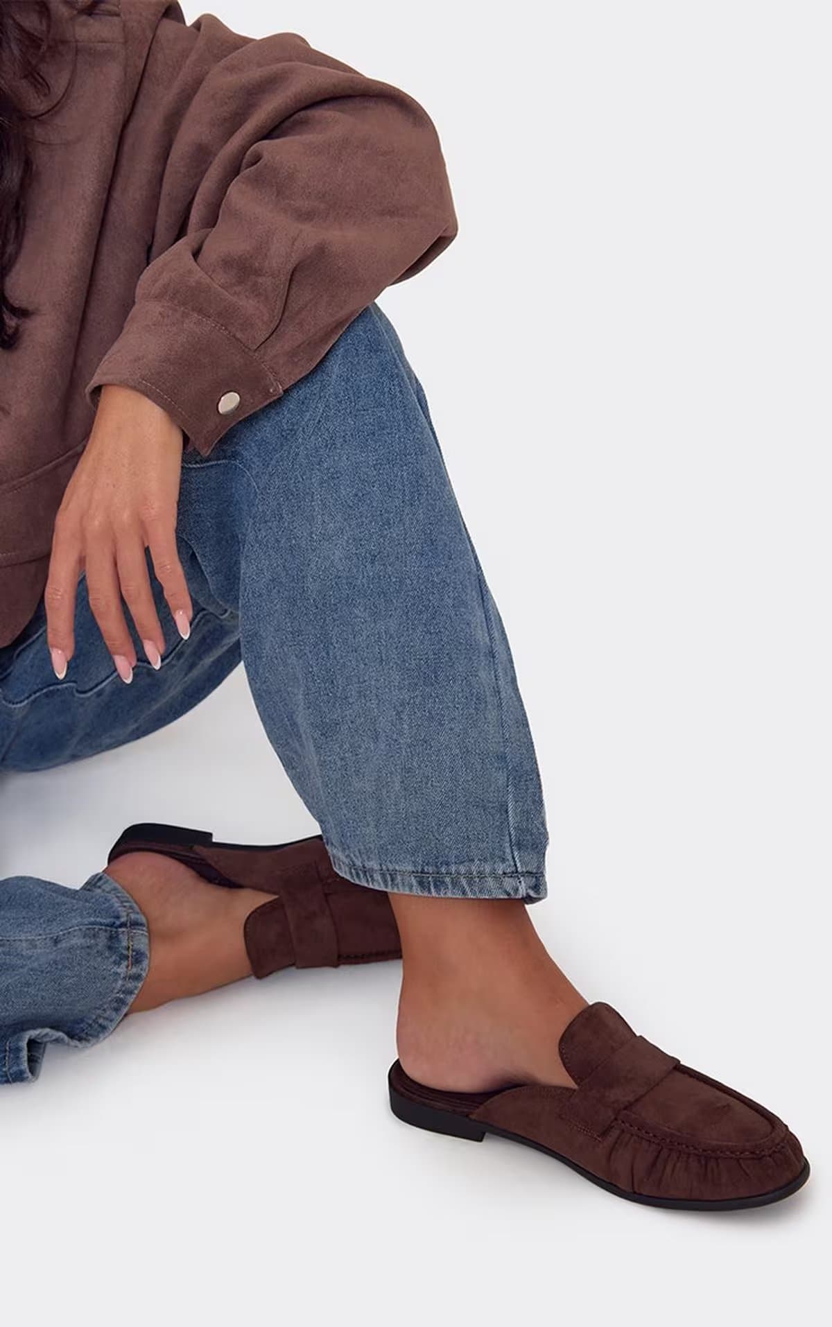 EGO Roth Flat Loafer Mule In Brown Faux Suede, Women's Size UK 3