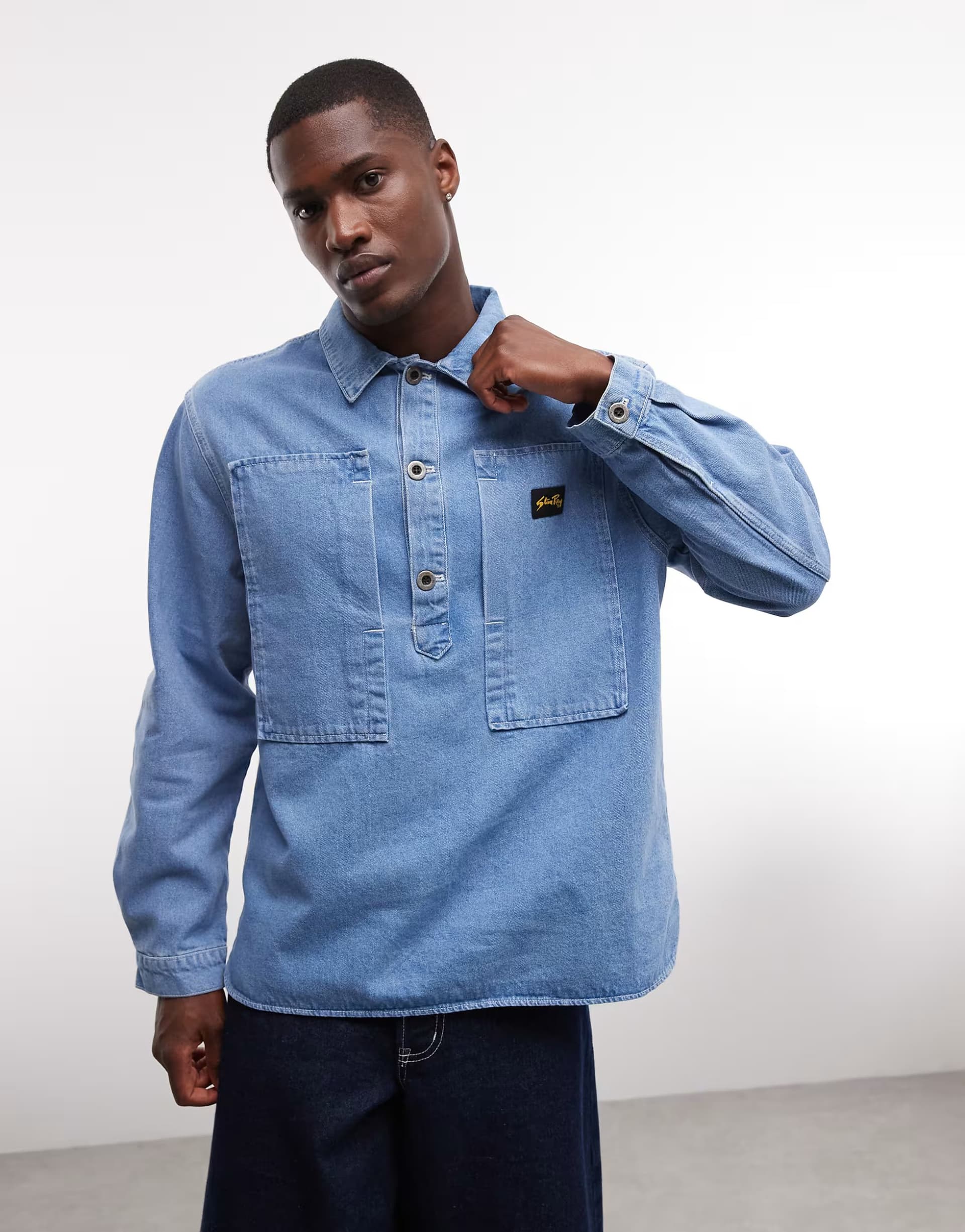 ASOS Stan Ray denim long sleeve half button up shirt in blue wash