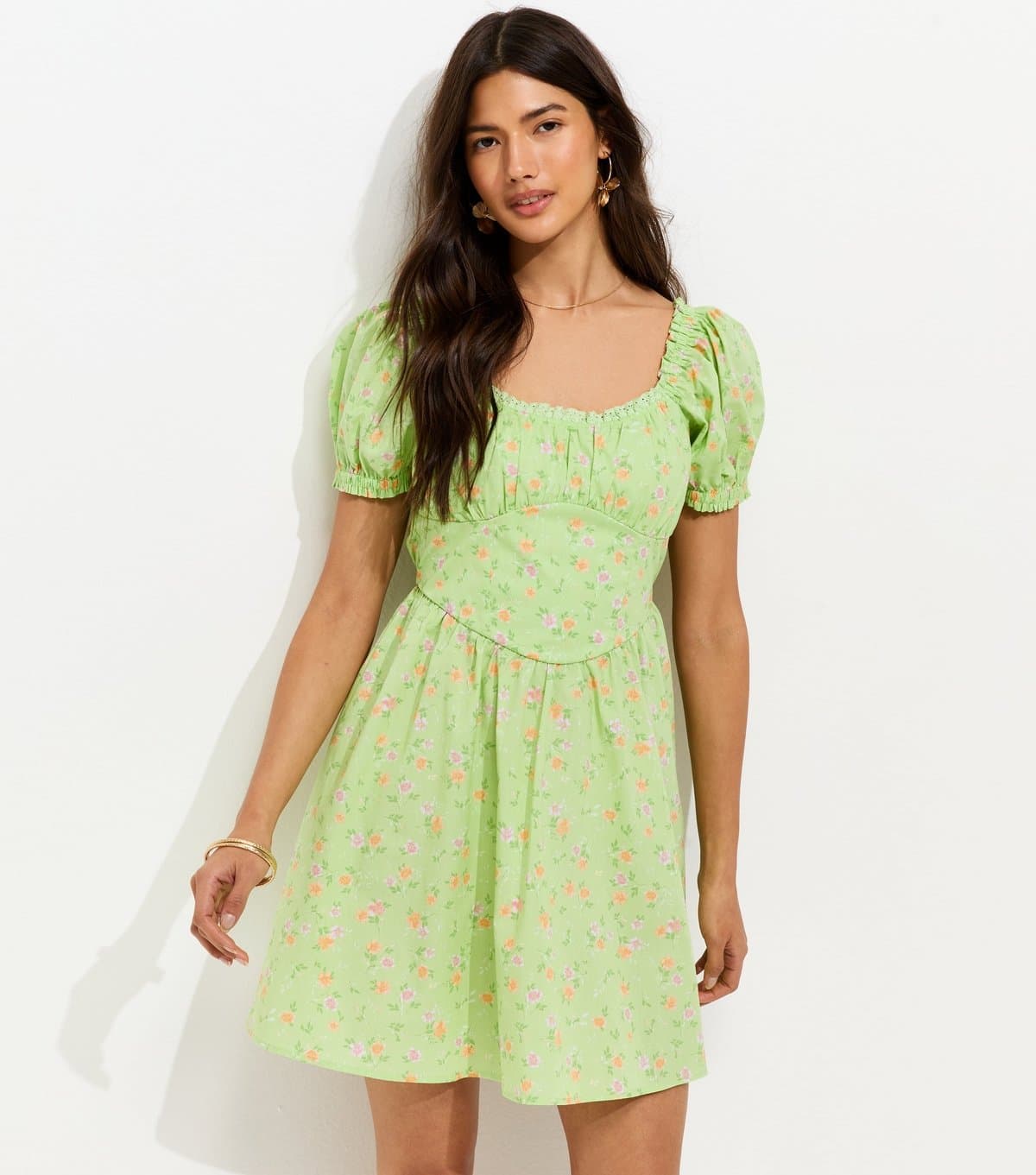 New Look Women's Light Green Cotton Floral Print Milkmaid Mini Dress New Look