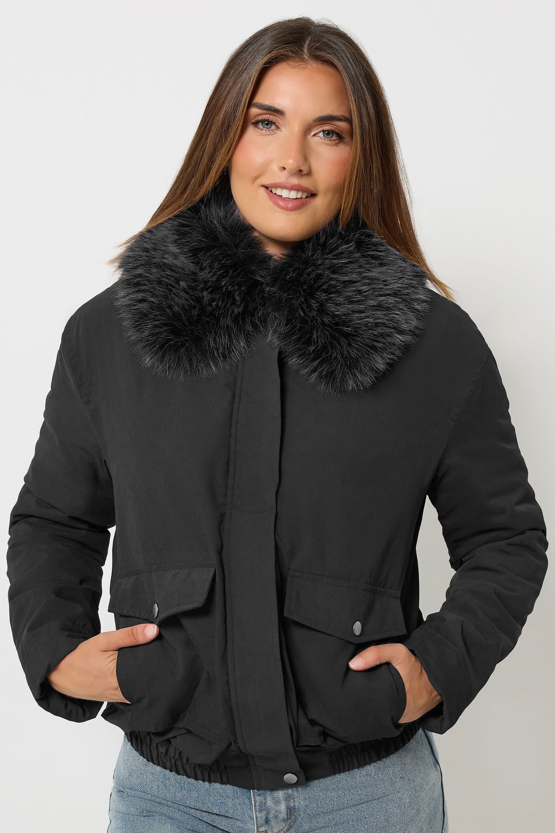 Long Tall Sally Long Tall Sally Women's Tall Faux Fur Collar Bomber Jacket in Black
