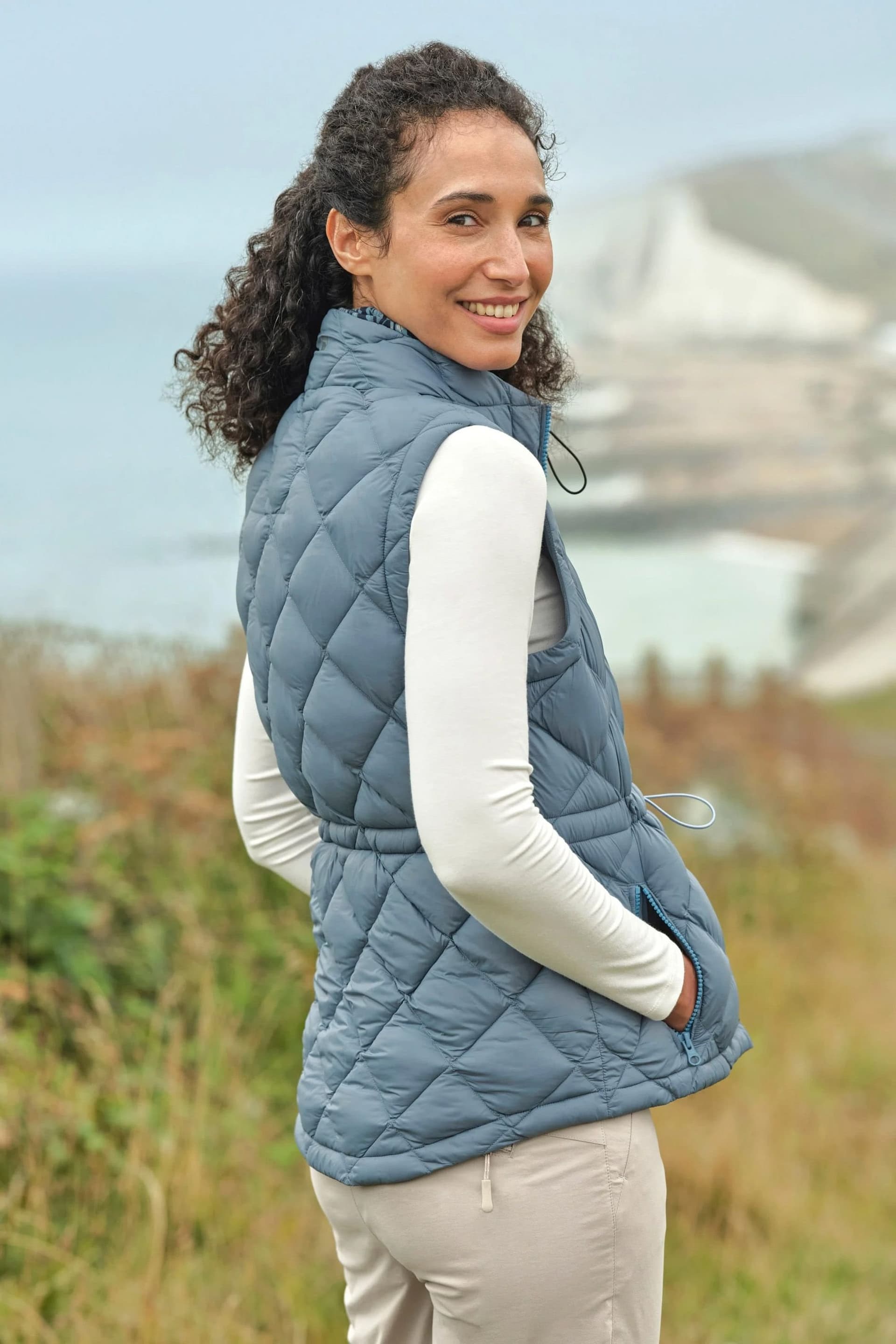 WoolOvers WoolOvers Women's Argyll Puffer Gilet in Blue