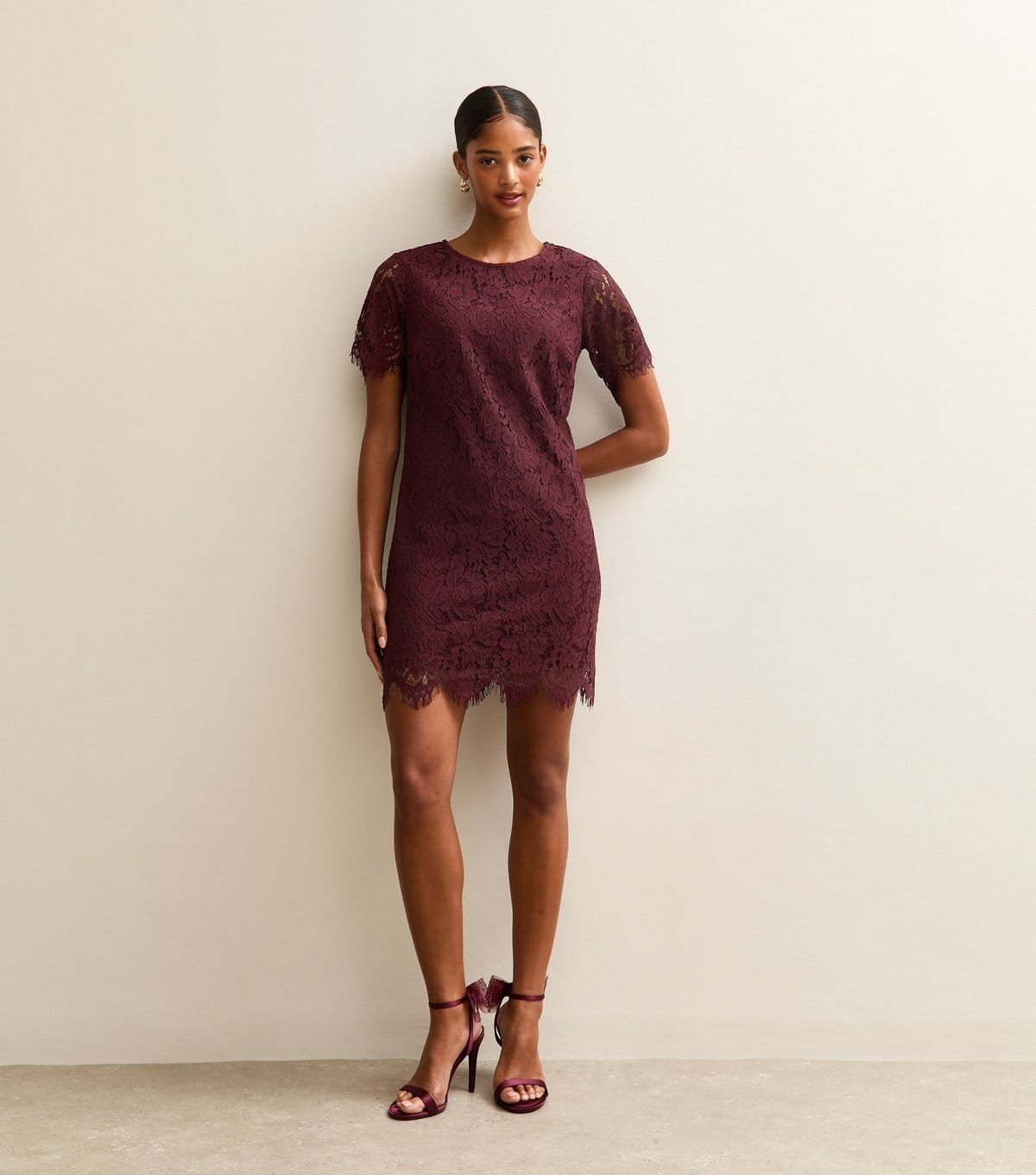 New Look Dark Burgundy Floral Lace Mini Dress