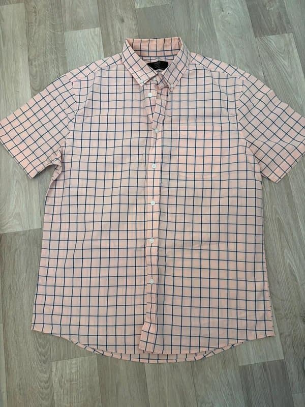 Marks & Spencer M&S Men’s Pink Check Short Sleeve Shirt Size M Regular 100% Cotton Button Down Casual Smart