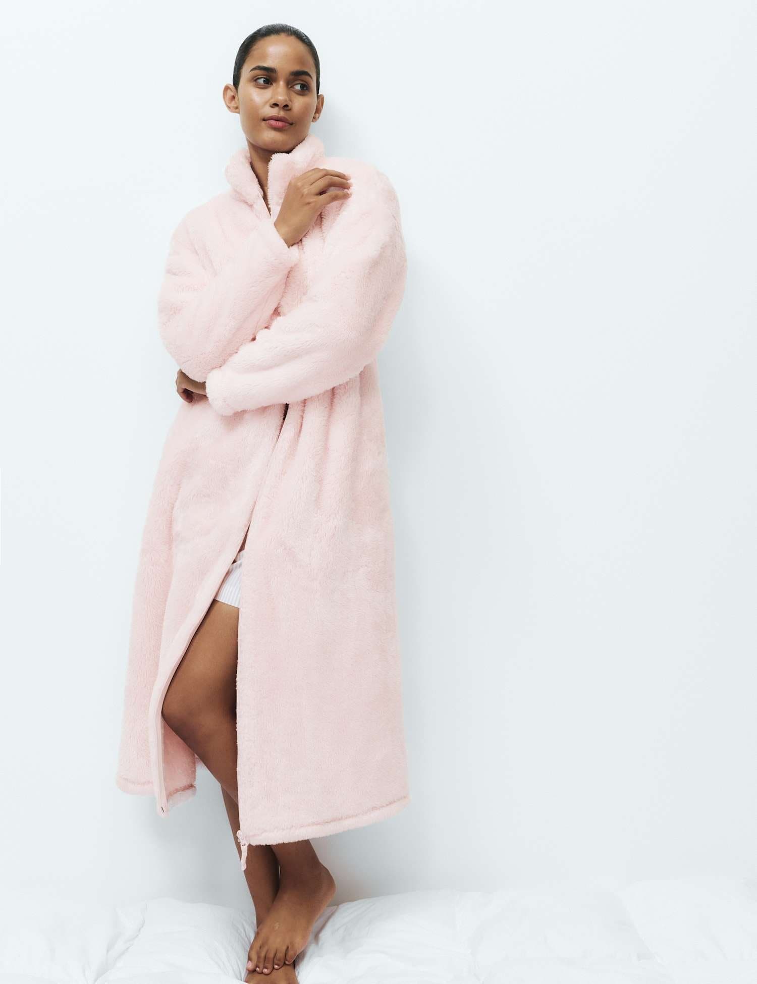 Marks & Spencer M&S Long Pile Fleece Zip Through Dressing Gown Pink