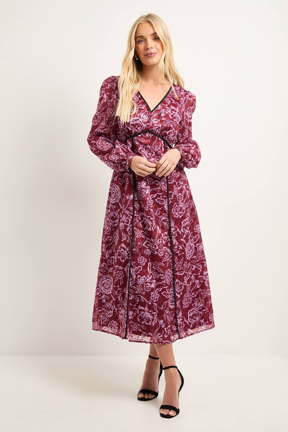 Wallis Wallis Women's Petite Floral Jacquard Seam Detail Midi Dress in Plum - 2