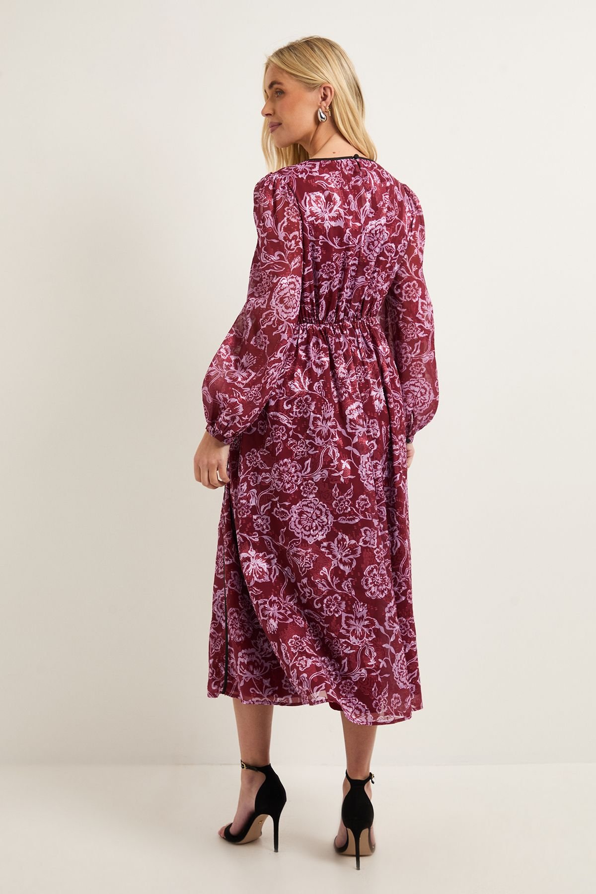 Wallis Wallis Women's Petite Floral Jacquard Seam Detail Midi Dress in Plum - 3