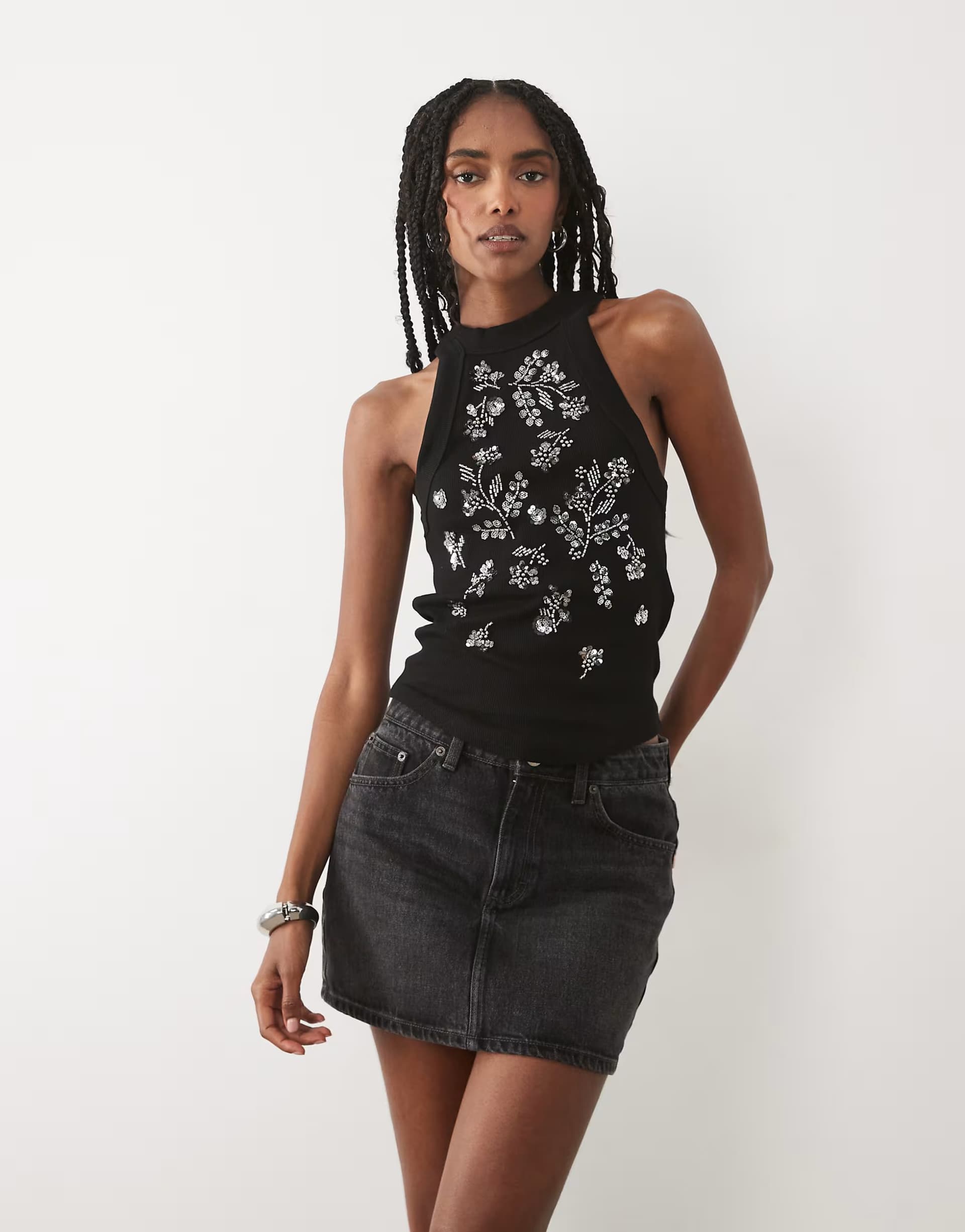 ASOS Miss Selfridge festival embellished racer vest top in black