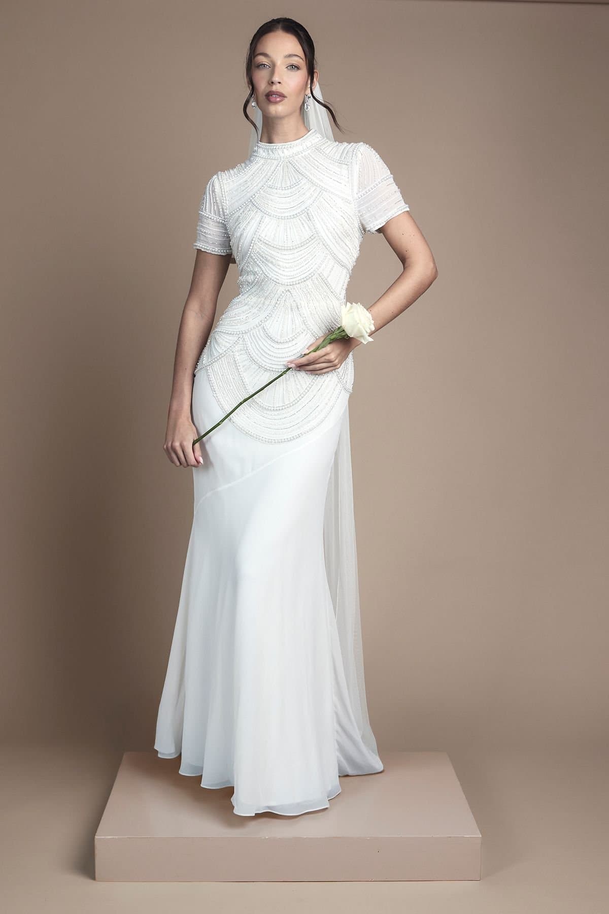 Coast Coast Women's Contour Embellishement Short Sleeve Wedding Dress in Ivory